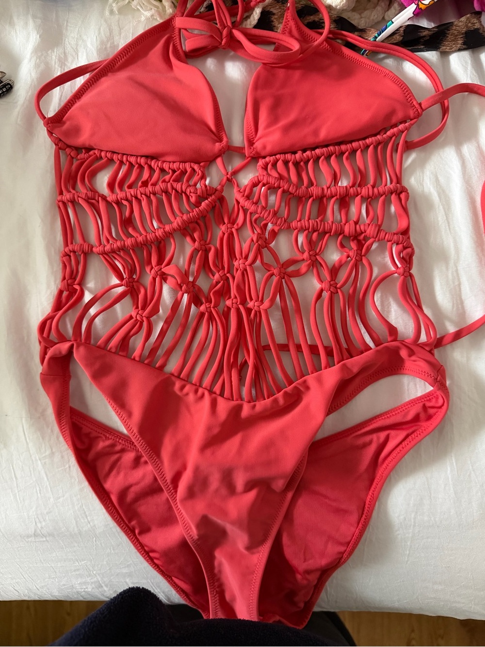 Forever 21 Coral Macramé One-Piece Swimsuit